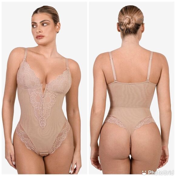 Popilush Lace Shapewear Bodysuit Tummy Control Backless V Neck Thongs Sh… - Picture 2 of 15